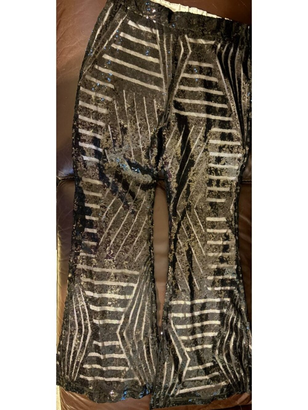 Sequin Flared Pants With Geometric Black & Silver Pattern XL